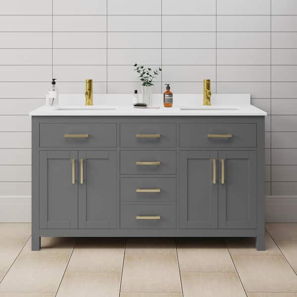 Wyndham Collection Beckett 60 in. W x 22 in. D x 35 in. H Double Sink Bathroom Vanity in Dark Gray with White Cultured Marble Top