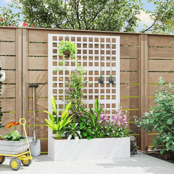 Outsunny - 43.3 in. W x 15.9 in. D x 70.1 in. H White Metal Outdoor Planter Box, Galvanized Raised Garden Bed with Trellis 1-Pack