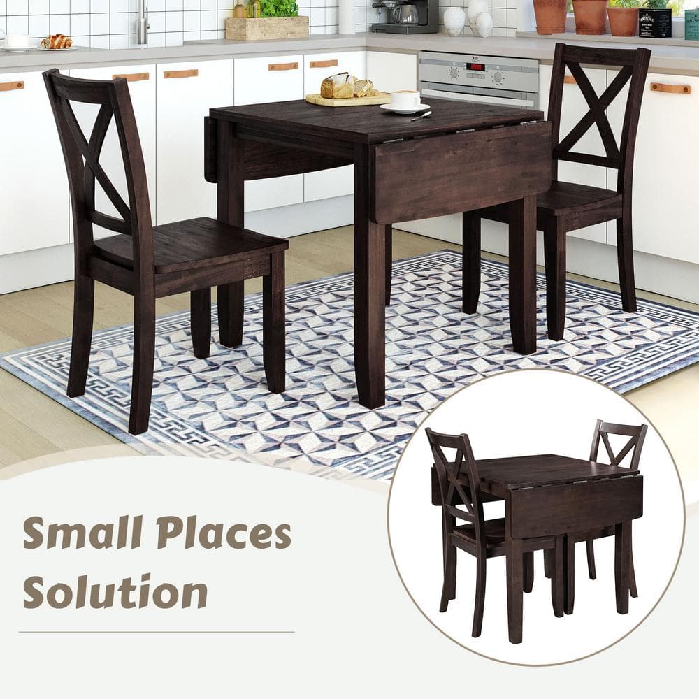 Espresso Solid Wood Drop Leaf Dining Table Set with X-Back Chairs