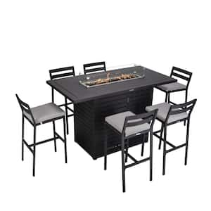 7-Piece Aluminum Patio Dining Bar Set with Fire Pit Table and 4-Barstool with Removable Cushion in Light Grey