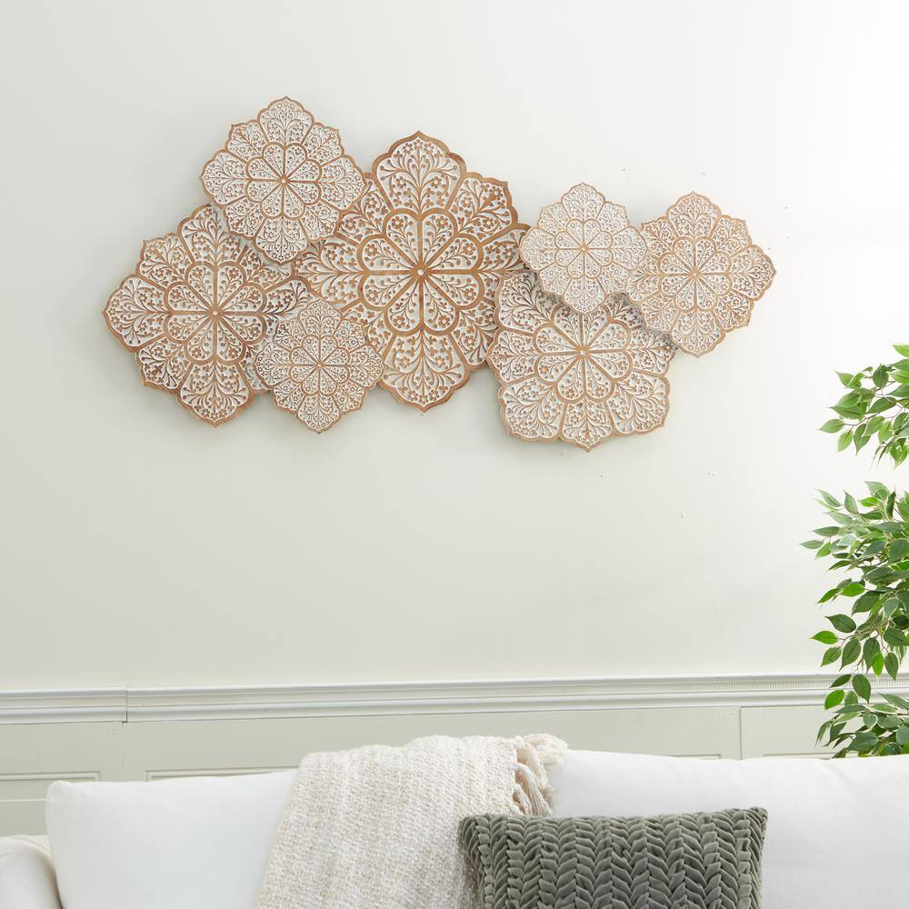White and Natural Wood Intricately Carved Floral Wall Decor