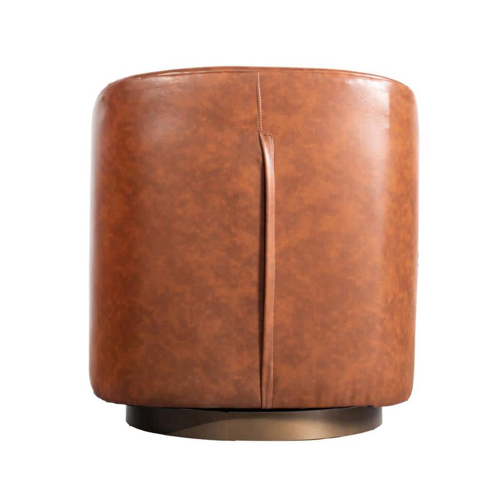 Brown Faux Leather Swivel Barrel Chair with Wood Base