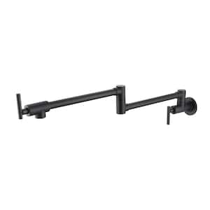Wall Mounted Folding Pot Filler with Double-Handle Brass stretchable Kitchen Sink Faucet in Matte Black