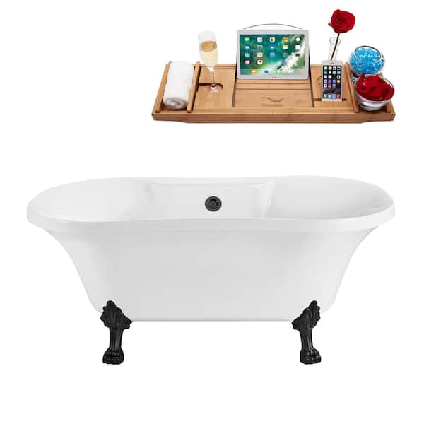 60 in. Acrylic Clawfoot Non-Whirlpool Bathtub in Glossy White With Matte Black Clawfeet And Matte Black Drain
