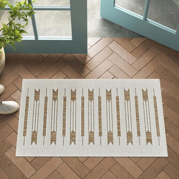 Beige, Brown 3 ft. x 5 ft. Woven Geometric Polypropylene Rectangle Indoor/Outdoor Area Rug