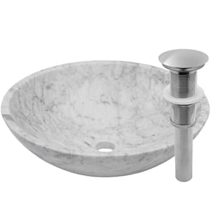 Carrara White Marble Round Vessel Sink with Drain in Brushed Nickel