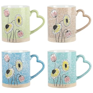 Sunbloom 4 Piece 15 oz. Flower Assorted Colors Wax Relief Design Beverage Mug Set with Heart Shaped Handles