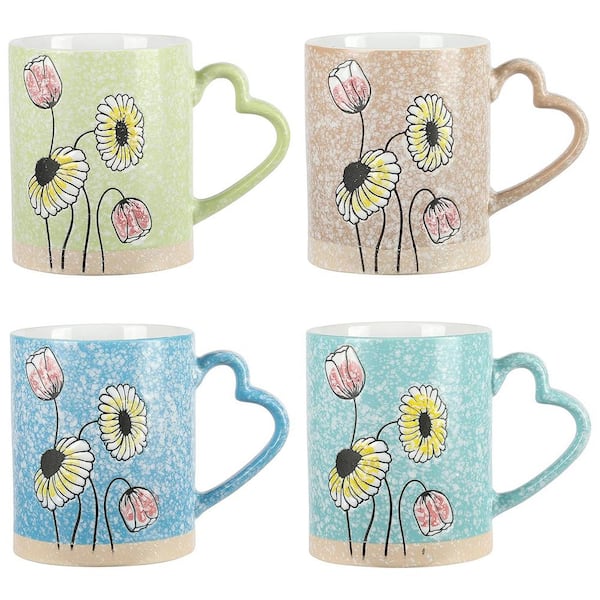 Gibson Home Sunbloom 4 Piece 15 oz. Flower Assorted Colors Wax Relief Design Beverage Mug Set with Heart Shaped Handles