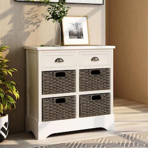 Rustic Storage White Cabinet with 2-Drawers and 4-Classic Rattan Basket for Dining Room/Living Room