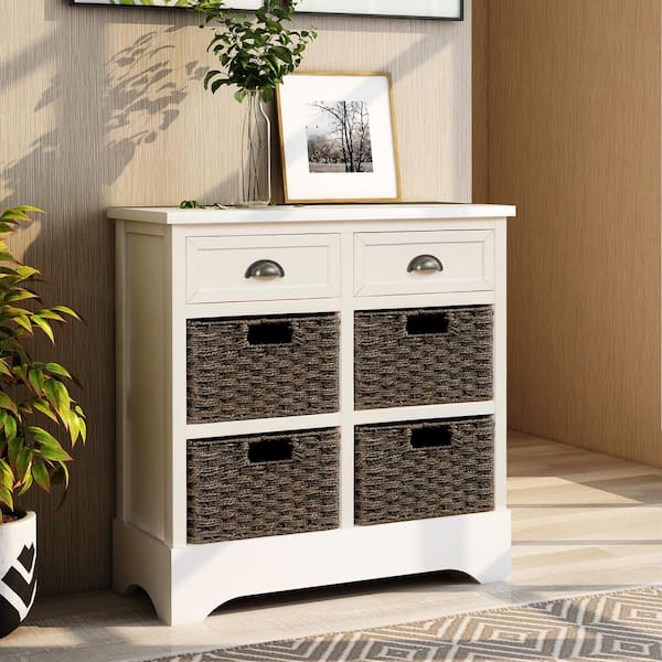 Rustic Storage White Cabinet with 2-Drawers and 4-Classic Rattan Basket for Dining Room/Living Room
