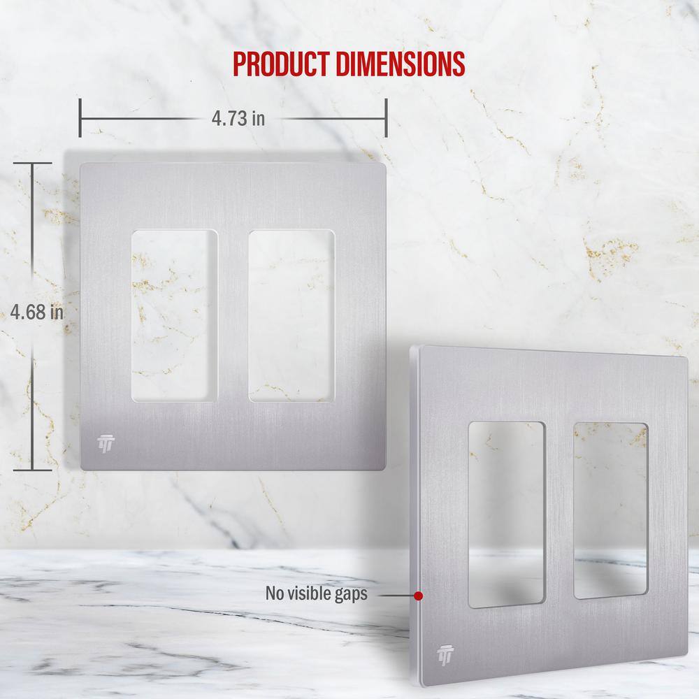 Brushed Silver 2-Gang Screwless Decorator Wall Plate