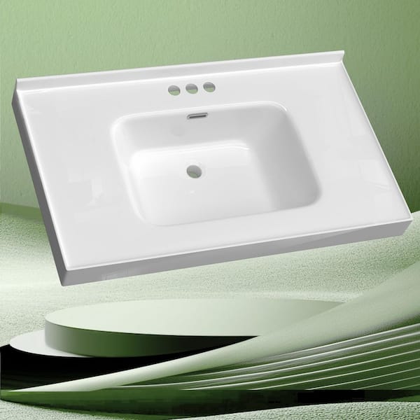 Zeafive Ebo 37 in. W x 22 in. D Solid Surface White Rectangular Single Sink Vanity Top with Backsplash Basin and 3-Faucet Holes