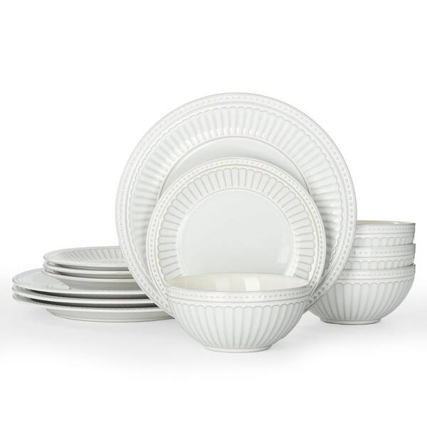 Stoneware Dinnerware Set for 4 with Embossed Plates and Bowls, Reactive Glaze, Chip-Resistant, White