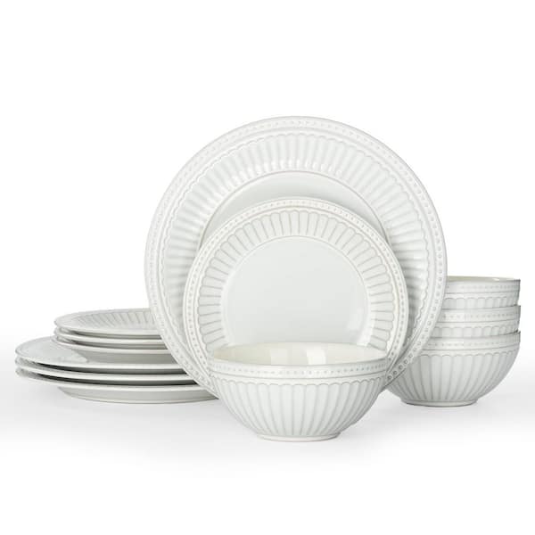 White Stoneware Dinnerware Set for 4 with Embossed Plates and Bowls, Reactive Glaze, Chip-Resistant,
