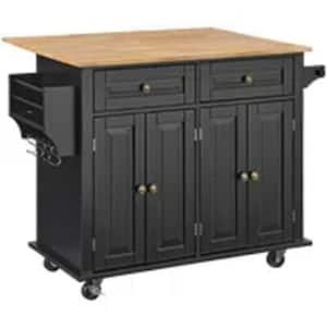 Kitchen Island Cart Rolling Storage Cabinet on Wheel, Kitchen Cart with Drawer and Shelves, Solid Rubber Wood, Black