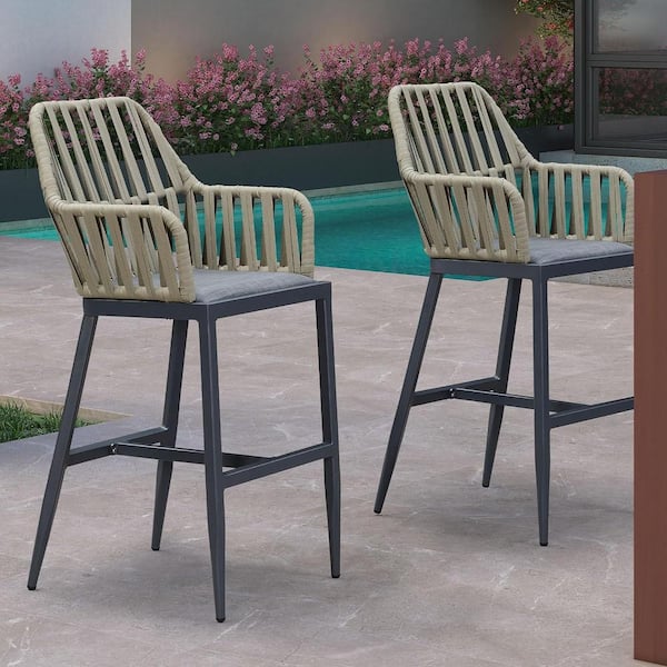 PURPLE LEAF Modern Aluminum PE Rattan Patio Outdoor Bar Stool with Backrest and Grey Cushion (2-Pack)