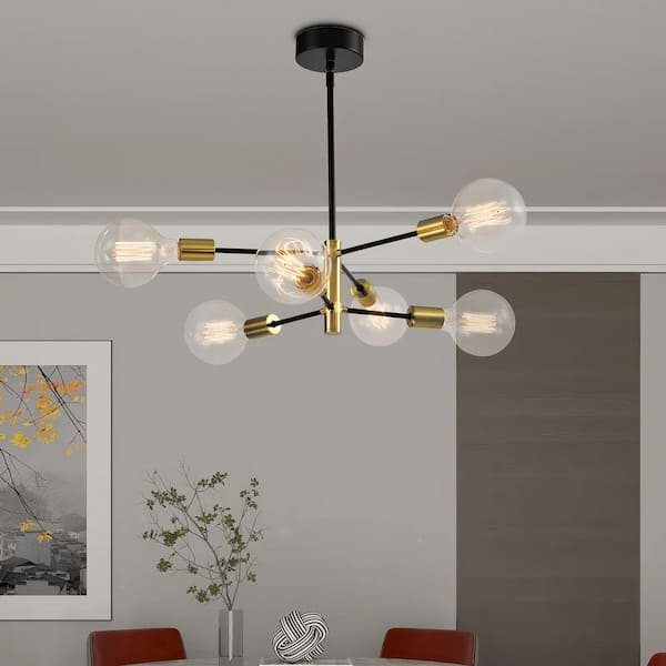 6-Light 22 in. Brass Modern Linear Dimmable Chandeliers Dining Room Kitchen Ceiling Lights Foyer Bedroom Lighting