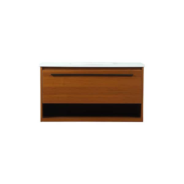 Unbranded Simply Living 36 in. Single Bathroom Vanity in Teak with Quartz Vanity Top in Ivory White