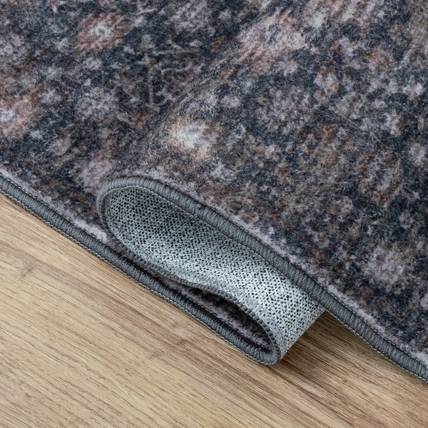 Petunia Distressed All-Over Floral Border Non-Slip Machine-Washable Rust/Charcoal 9 ft. x 12 ft. Area Rug