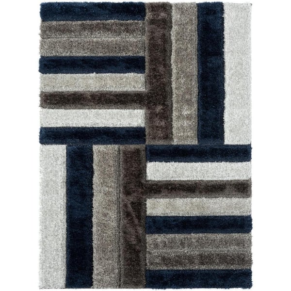 LUXE WEAVERS Lantanas Collection Navy 8 ft. x 10 ft. Shag Geometric Striped Polypropylene Area Rug
