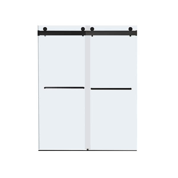 60 in. W x 76 in. H Double Sliding Frameless Shower Door in Matte Black Finish with Clear Glass