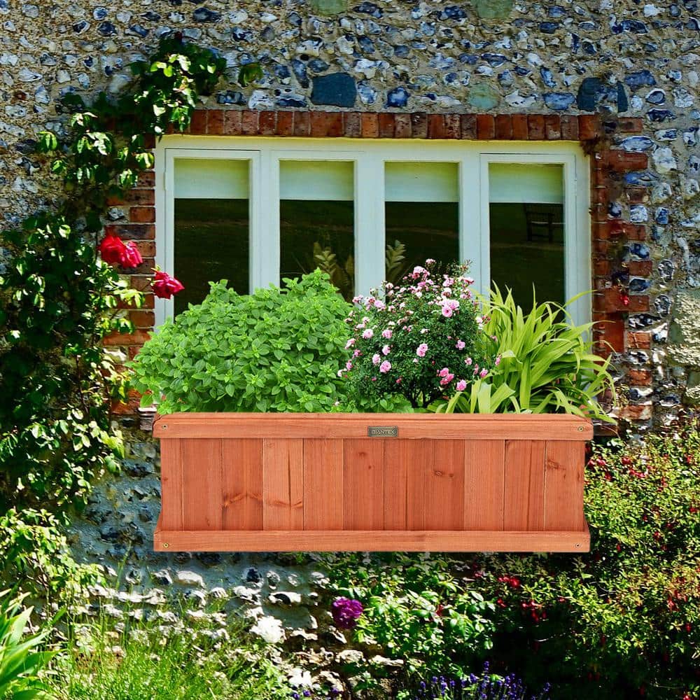 28 Inch Brown Fir Wood Rectangular Outdoor Planter Box