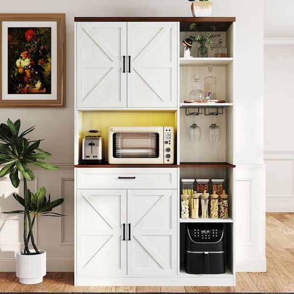 RKZHOPT White Kitchen Pantry Organizer, Buffet Hutch with Power Outlet