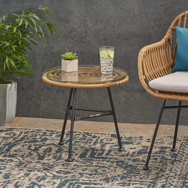 Unbranded Modern Outdoor Metal Side Table with Thin Angled Legs, Tempered Glass Top for Porch, Balcony, Deck, Patio, Light Brown