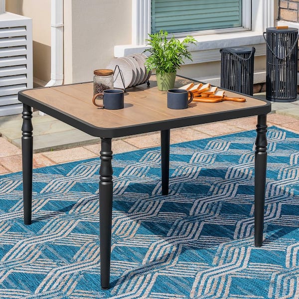 Black Square Metal Outdoor Dining Table with Wood-Grain Tabletop, Umbrella Hole