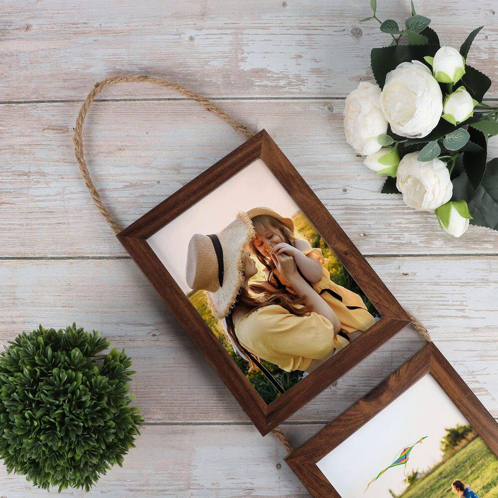 Frame With Rope 5 x 7 Walnut Brown Wooden Triple Collage Frame with Rope Hanging ...