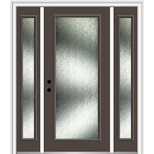 60 in. x 80 in. Right-Hand Inswing Rain Glass Brown Fiberglass Prehung Front Door on 4-9/16 in. Frame