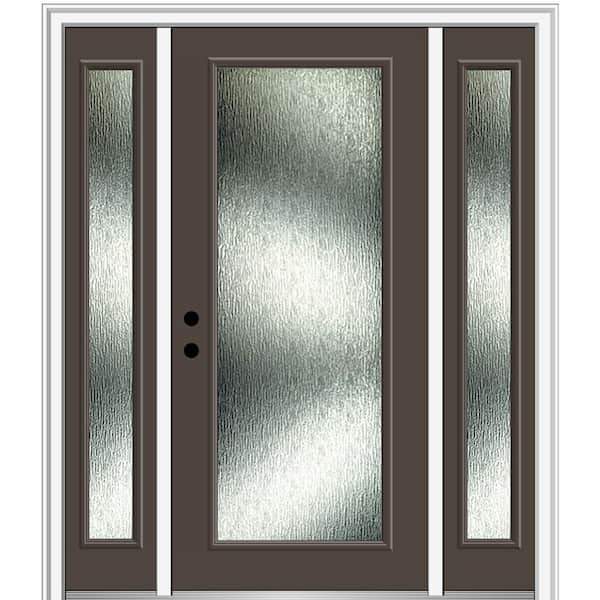 MMI DOOR 60 in. x 80 in. Right-Hand Inswing Rain Glass Brown Fiberglass Prehung Front Door on 4-9/16 in. Frame