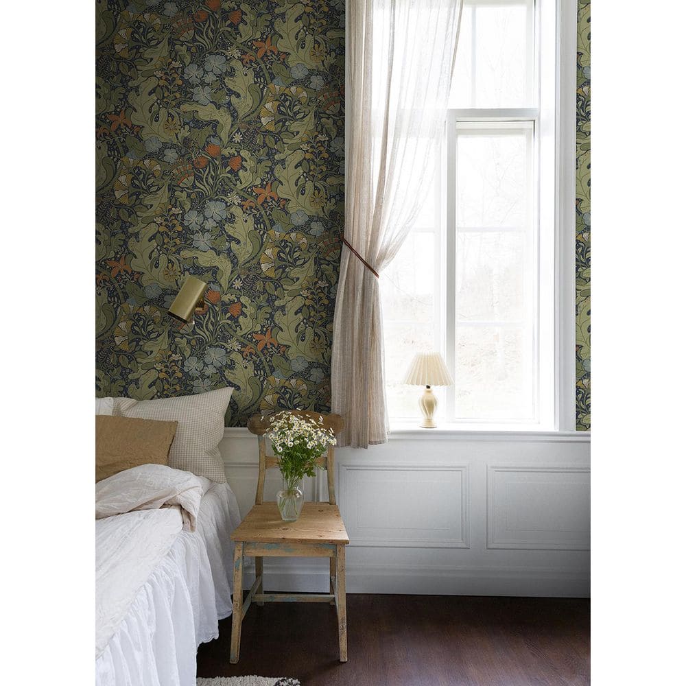Indigo and Green Floral Removable Wallpaper Roll