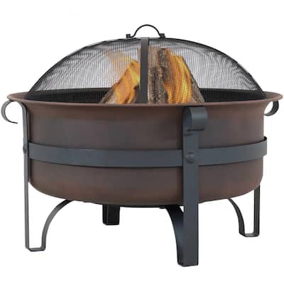 29 in. Round Steel Wood Burning Fire Pit with Cauldron Style and Spark Screen Set in Bronze