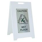 24 in. White 2-Sided Recycled Plastic With Silver Insert Panel Bilingual Wet Floor Sign