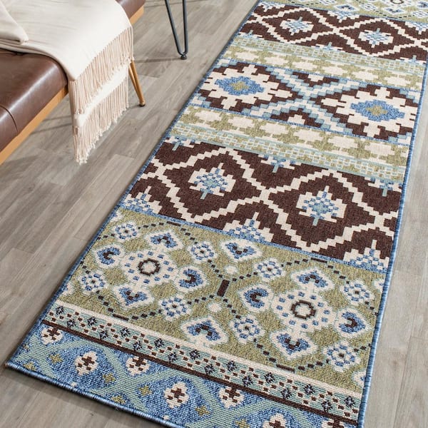 Veranda Chocolate/Blue 2 ft. x 8 ft. Floral Indoor/Outdoor Patio  Runner Rug