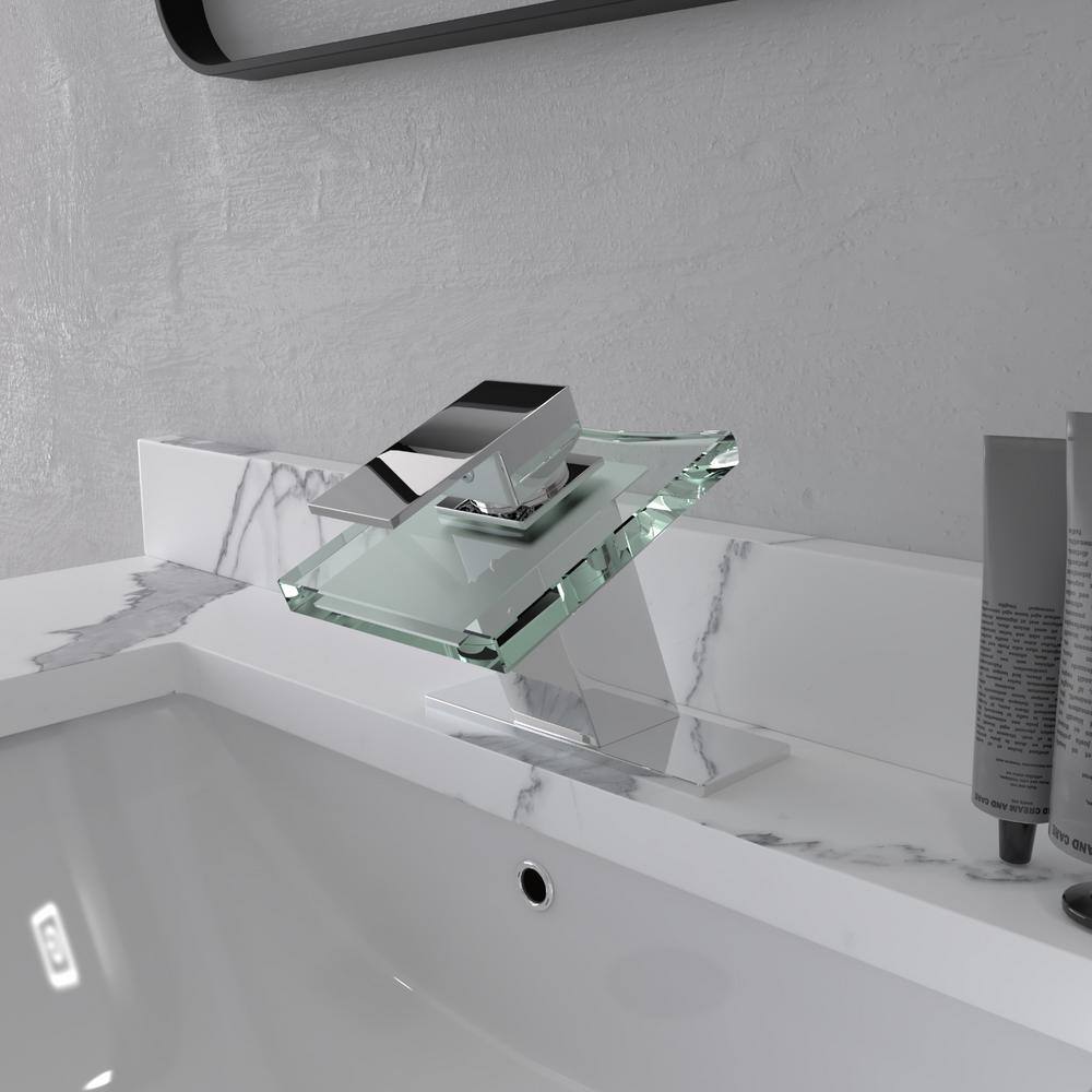 Polished Chrome Glass Spout Single-Handle Low-Arc Bathroom Faucet
