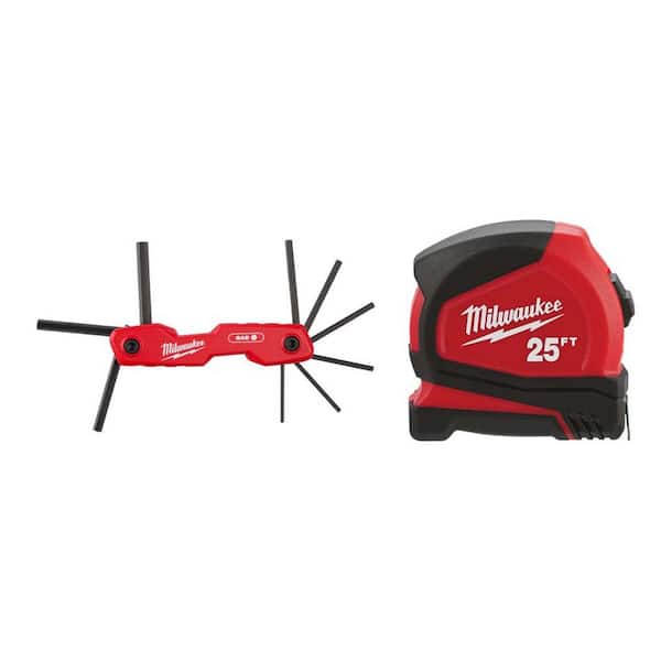 Milwaukee Folding SAE Hex Key Set (9-Piece) with Compact Auto Lock 25 ft. SAE Tape Measure with Fractional Scale