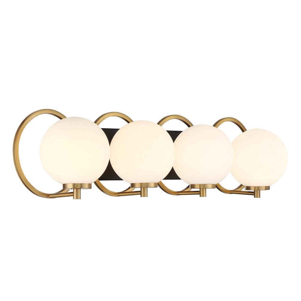 Matte Black and Warm Brass 4-Light Vanity with Frosted Glass Shades