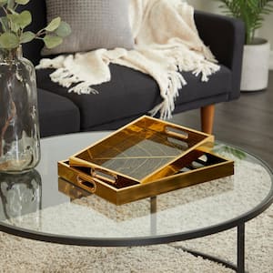 Gold Plastic Geometric Decorative Tray with Black Glass (Set of 2)