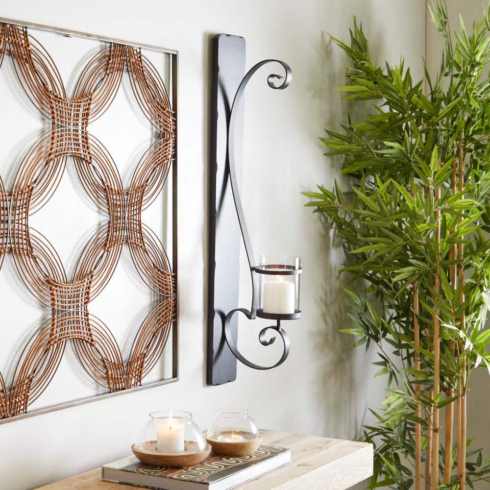 Black Metal and Wood Wall Sconce with Hurricane Glass
