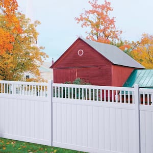Pro Series 5 in. x 5 in. x 8 ft. White Vinyl Woodbridge Closed Picket Top Routed Line Fence Post