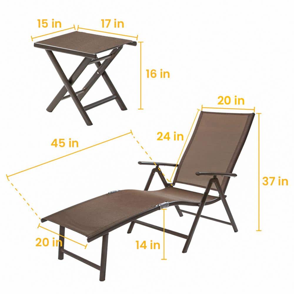 Brown Aluminum Adjustable Folding Patio Chaise Lounge Set