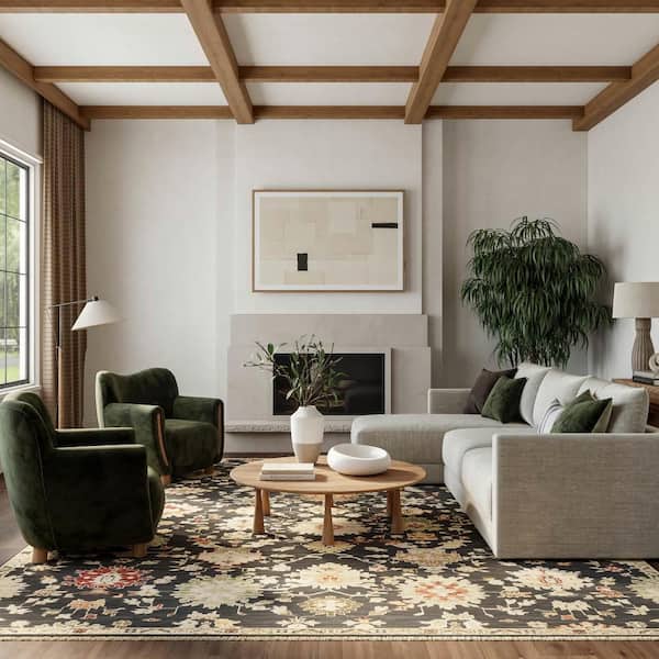 Antique Bloom Black 10 ft. x 13 ft. Medallion Traditional Area Rug