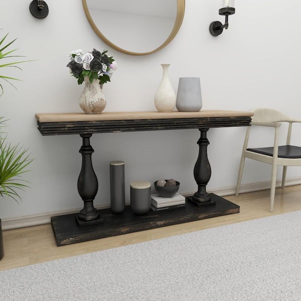 Litton Lane 59 in. Black Extra Large Rectangle Wood Distressed Console Table with Brown Wood Top