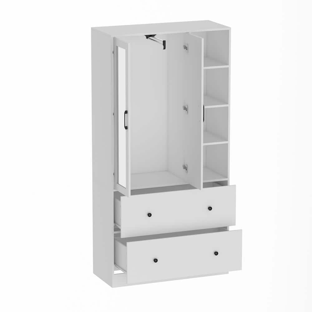 White Wood Armoires Wardrobe W/Mirror, Pulling Hanging Rod, Drawers and Shelves( 15.8 in. D x 35.5 in. W x 70.8 in. H) - thumbnail 5