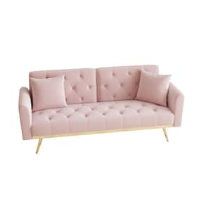 68.3 in.Pink Velvet Twin Size Sofa Bed with Two Pillows