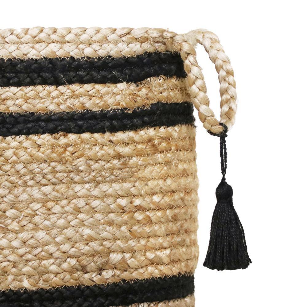 17" Natural Jute Round Storage Basket with Black Stripes