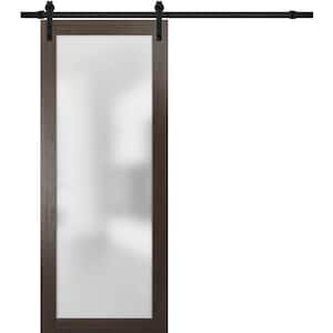 2102 24 in. x 80 in. 1-Panel 1 Lite Frosted Glass Brown Finished Solid Pine Wood Sliding Barn Door with Hardware Kit