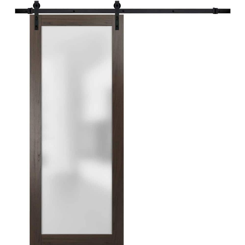 Modern Brown MDF Barn Door with Frosted Glass Panel, 36 x 80